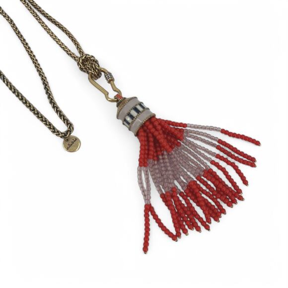 Stella and Dot Retired Brio Necklace Coral Red Beaded Tassel Fancy Chain - Picture 1 of 8
